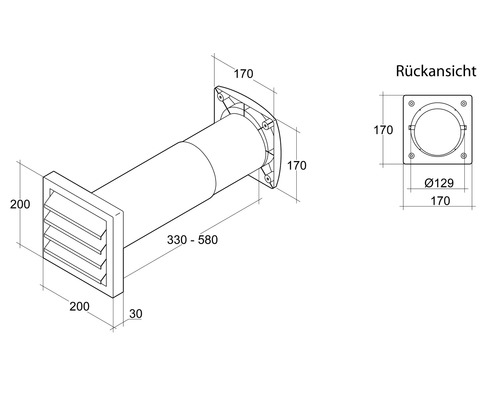 Dessin technique d''un boîtier mural avec des dimensions de 200 x 200 x 30 mm et un diamètre de 129 mm