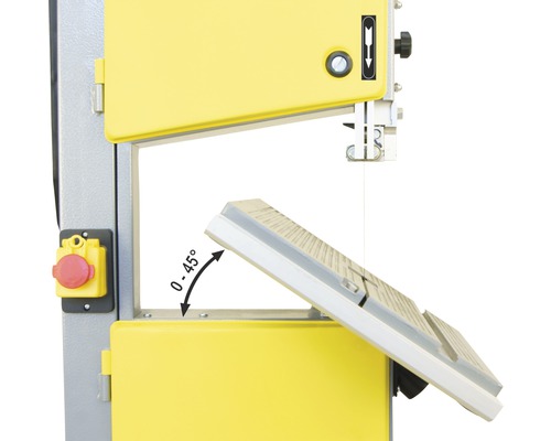 Detailansicht einer Bandsäge mit einem von 0 bis 45 Grad verstellbaren Tisch.