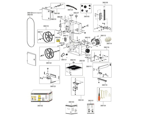 Explosionszeichnung einer Bandsäge mit den zugehörigen Ersatzteilen