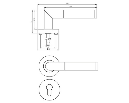 Schéma technique d''une béquille de porte avec rosace et d''une rosace de clé avec dimensions