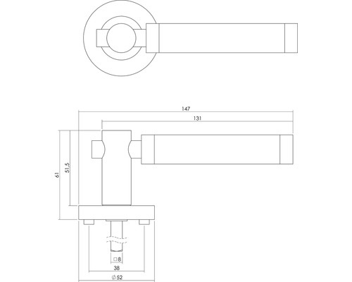 Dessin technique d''une poignée de porte avec indications de dimensions.