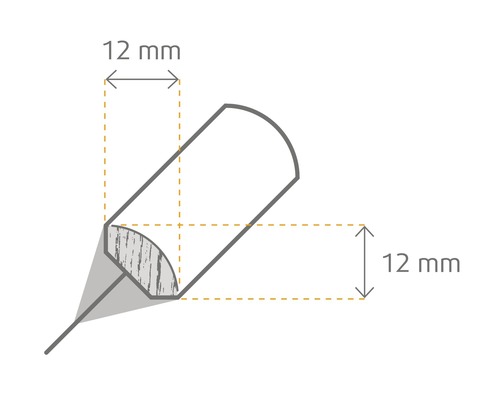 Illustration d''un profilé quart-de-rond avec des dimensions de douze sur douze millimètres.