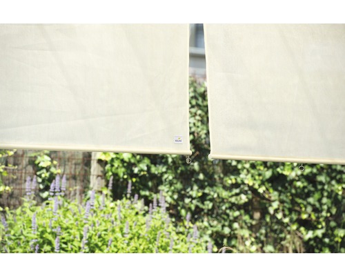 Zwei Stoffrollos mit unaufdringlichem Design vor Grünpflanzen