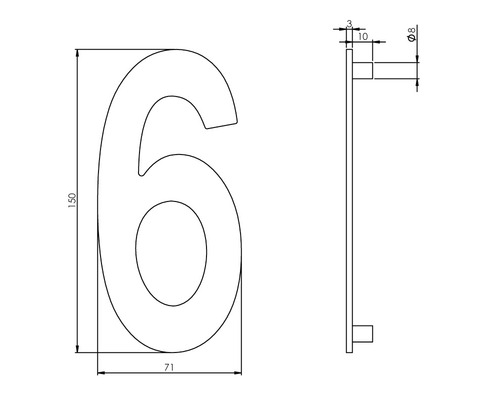 Technische Zeichnung der Hausnummer 6 mit Maßangaben