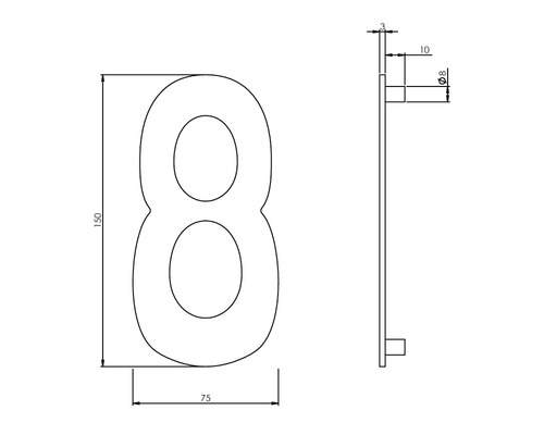 Technische Zeichnung der Hausnummer 8 mit Maßangaben.