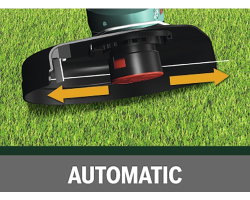 Detailaufnahme eines Rasentrimmers mit automatischer Fadenverlängerung beim Trimmen von Gras