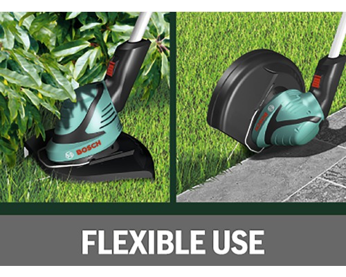 Bosch Rasentrimmer im Einsatz an Rasenkante und unter Büschen