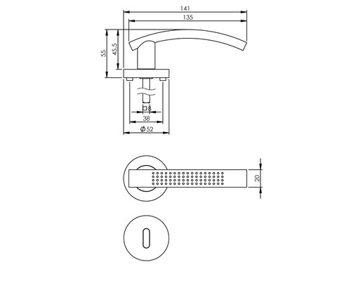 Schéma technique d''une poignée de porte avec les dimensions.