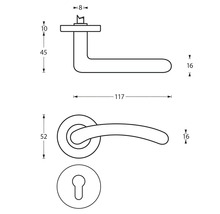 Schéma technique d''une poignée de porte avec rosace et rosace de clé avec dimensions