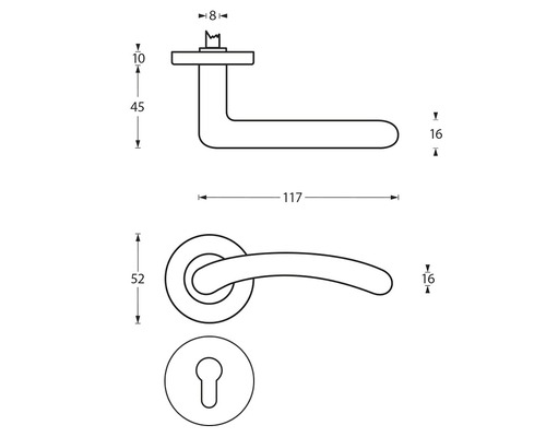 Schéma technique d''une poignée de porte avec rosace et rosace de clé avec dimensions