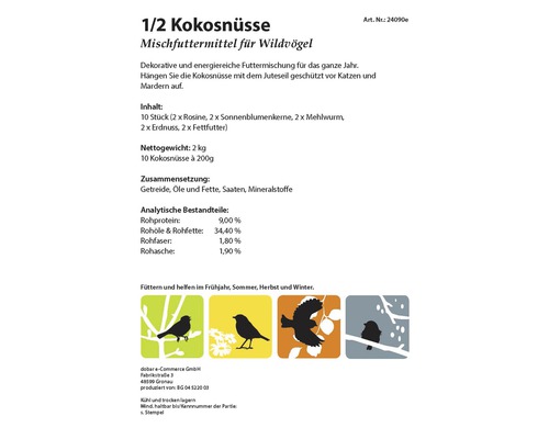 Informationen zu halben Kokosnüssen als Mischfutter für Wildvögel