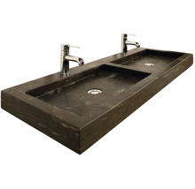 Badmöbel-Set Sanox Dante BxHxT 121 x 170 x 45,5 cm Frontfarbe weiß hochglanz mit Waschtisch Naturstein schwarz und Naturstein-Doppelwaschtisch Spiegel Waschtischunterschrank