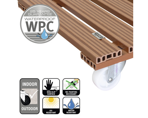Support à plantes à roulettes en WPC avec les propriétés suivantes : imperméable, convient pour une utilisation intérieure et extérieure, surface antidérapante, résistante aux UV et ne nécessite pas de peinture.