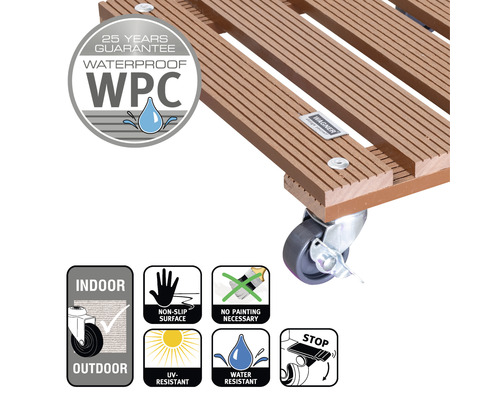 Support à roulettes en WPC garanti 25 ans, étanche, pour intérieur et extérieur, surface antidérapante, pas besoin de peinture, résistant aux UV, hydrofuge et avec fonction stop
