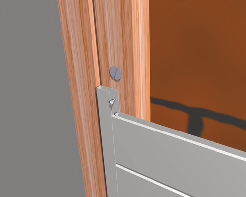 Detailansicht einer Holzkonstruktion mit Befestigungselementen.