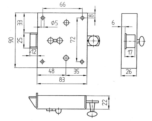Schéma technique d''une serrure à mortaise avec dimensions