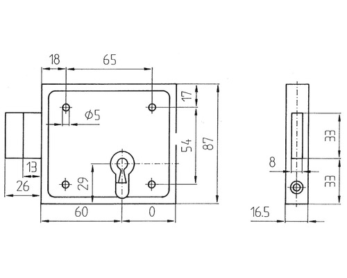 Technische Zeichnung eines Einsteckschlosses mit Maßangaben