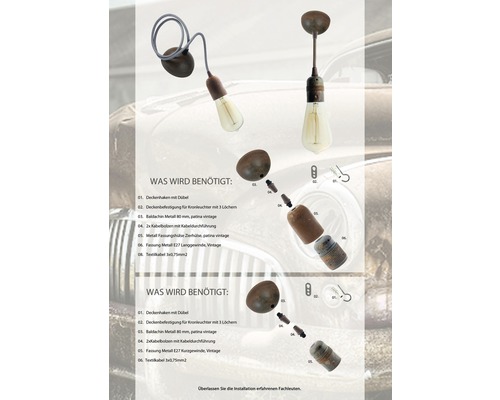 Deckenleuchte mit Deckenhaken, Deckenbefestigung, Baldachin, Kabelbolzen, Fassung und Textilkabel
