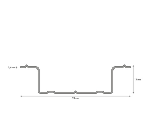 Vue de profil avec dimensions : épaisseur de 0,6 mm, hauteur de 15 mm et longueur de 98 mm