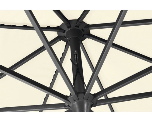 Detailansicht von unten eines Sonnenschirms mit Metallgestell