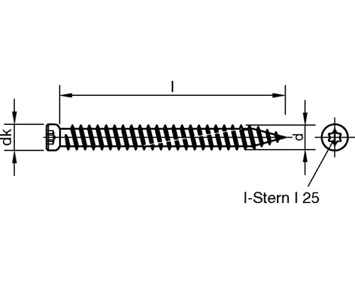 Technische Zeichnung einer Schraube mit I-Stern Antrieb und Längenangaben