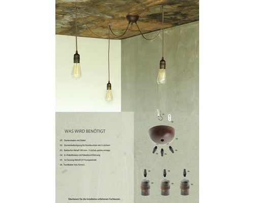 Pendelleuchte mit drei Lampen und Installationsmaterial