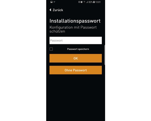 Screenshot eines Smartphones mit der Aufforderung, ein Installationspasswort einzugeben