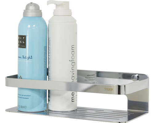 Duschablage aus Metall mit zwei Pflegeprodukten