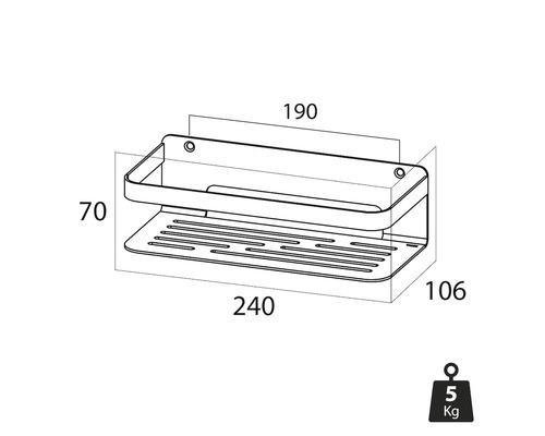 Technische Zeichnung eines Duschregals mit Maßangaben und Gewichtsangabe