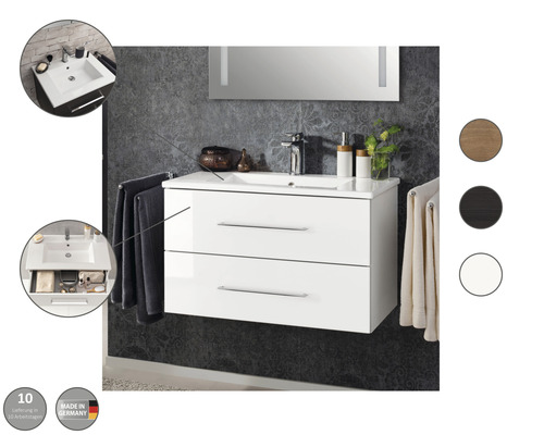 Badezimmer mit weißem Waschtischunterschrank, Waschbecken und zwei Schubladen