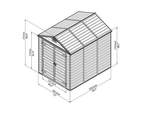 Technische Zeichnung eines Gerätehauses mit Maßangaben