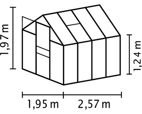 Technische Zeichnung eines Gewächshauses mit den Maßen 1,97 Meter Höhe, 1,95 Meter Tiefe und 2,57 Meter Breite