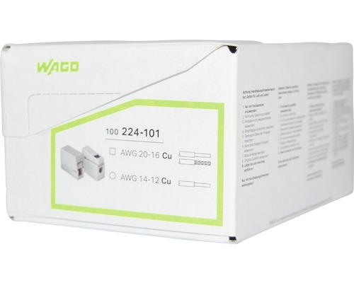 Logo Wago sur un emballage avec un jeu de bornes de connexion Wago