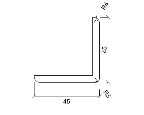 Schéma technique d''un angle de 45 mm sur 45 mm avec des rayons de R3 et R4