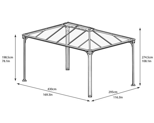 Illustration d''un pavillon mesurant 430 sur 295 centimètres et d''une hauteur de 274,5 centimètres