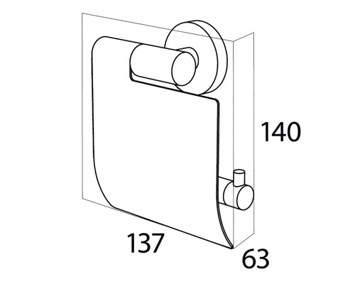 Technische Zeichnung eines Toilettenpapierhalters mit den Maßen 140 x 137 x 63 mm