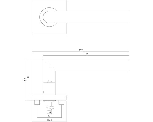 Schéma technique d''une poignée de porte avec dimensions
