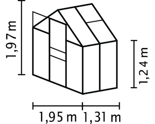 Abmessungen eines Gerätehauses: 1,97 Meter hoch, 1,95 Meter breit und 1,31 Meter tief. Die Seitenwand ist 1,24 Meter hoch.