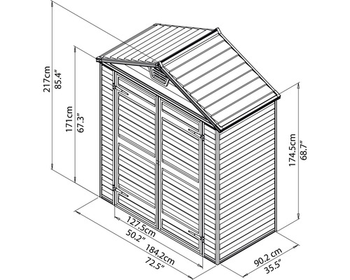 Illustration eines Gartenhauses mit Größenangaben