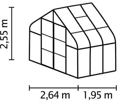 Schéma d''une serre avec les dimensions suivantes : 2,55 mètres de hauteur, 2,64 mètres et 1,95 mètre de largeur