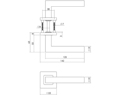 Technische Zeichnung eines Türgriffs mit Maßangaben