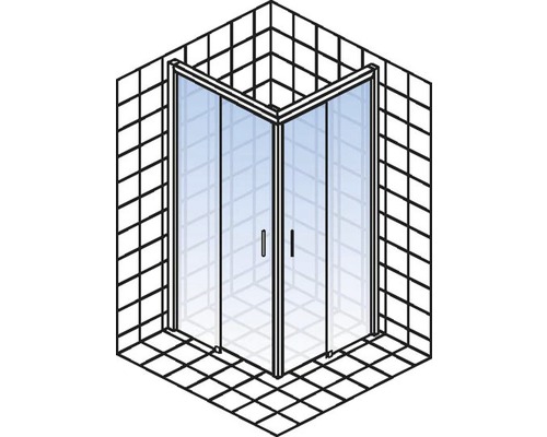 Douche d''angle avec deux portes en verre dans une salle de bain carrelée