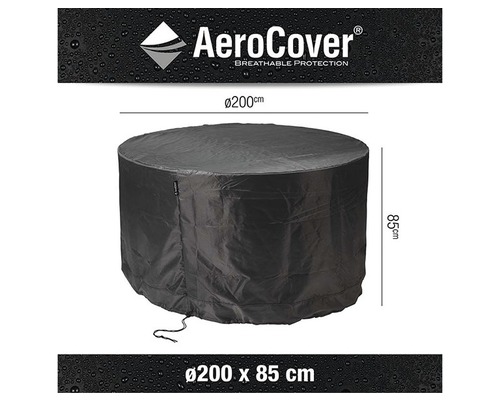 Schwarze Aerocover Schutzhülle für Gartentische mit einem Durchmesser von 200 cm und einer Höhe von 85 cm