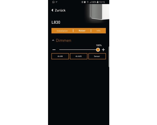 Smartphone-Ansicht der L830-App mit Dimmfunktion