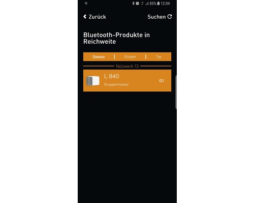 Screenshot einer Smartphone-App zur Suche von Bluetooth Produkten