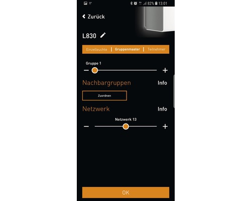 Smartphone-Ansicht der Steuerung der Aussenleuchte L830