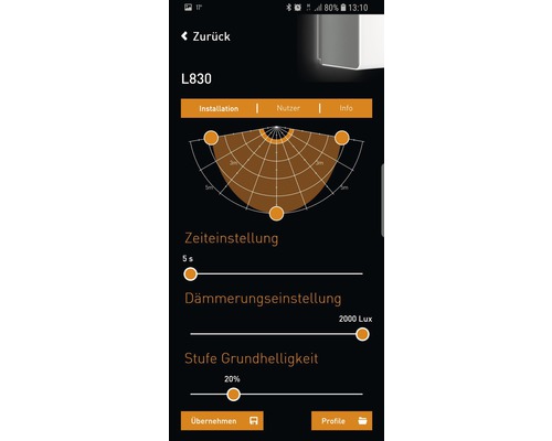 App-Ansicht zur Konfiguration der Steinel L830 Leuchte
