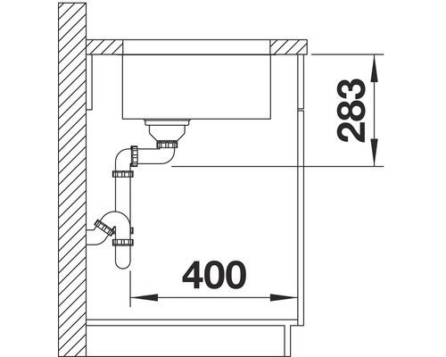 Technische Zeichnung eines Spülbeckens mit Abmessungen