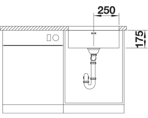 Technische Zeichnung einer Küchenspüle mit Abmessungen
