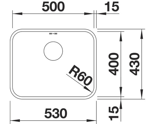 Technische Zeichnung einer Spüle mit Maßangaben